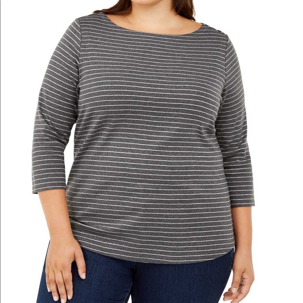 Charter Club Charcoal Gray & Silver Stripe Boatneck Top Plus Size 2X